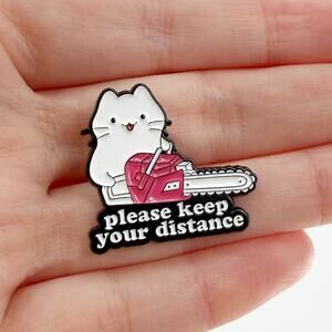 Cute Cat Chainsaw Enamel Pin Funny Please Keep Distance Lapel Badge
